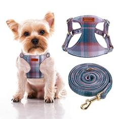 CHEDE Arnês para cães com padrão simples sem puxão - Peitoral para cães leve e macio, conjunto de coleira e coleira para cães pequenos ajustáveis, com guia para cães, adequado para filhotes de cachorro pequeno e médio