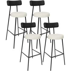 Kit 04 Banquetas Alta Cozinha Sala Jantar Milão L02 Couríssimo Preto Linho Champagne