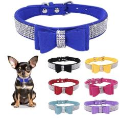 Coleira de couro com strass para cães e gatos com gravata borboleta e diamantes brilhantes de cristal para cães pequenos, médios e grandes