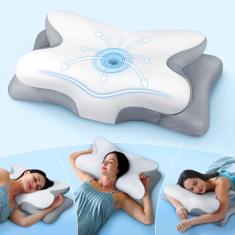 Travesseiro cervical para alívio eficaz da dor para dormir, travesseiro ergonômico refrescante para quem dorme de lado e oferece suporte para o pescoço, travesseiros ortopédicos de espuma