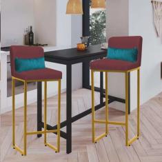 Kit 02 Banqueta Alta com Encosto Lucca Industrial Cozinha Balcão Ferro Dourado Suede Bordô e Almofada Azul Turquesa - Ahazzo Móveis