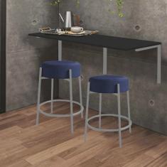 Kit Mesa Suspensa de Parede Fixa mdf Preto + 2 Banquetas Sintra Ferro Cinza Corino Azul Marinho - Ahazzo Móveis