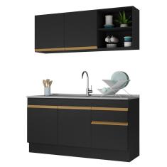 Armário De Cozinha Compacta 150cm Com Rodapé Veneza Multimóveis V2114 Preto/dourado Preto/dourado