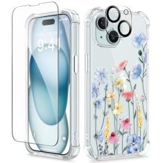 GVIEWIN Capa para iPhone 15 Plus, [3 em 1] com protetor de tela e protetor de lente de câmera, capa de telefone floral transparente macia à prova de choque slim fit para mulheres meninas 2023 6,7