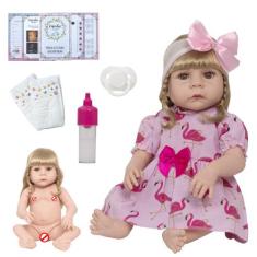 Boneca Reborn Loira 100% Silicone Vestido Flamingo Rosa - Cegonha Rebo