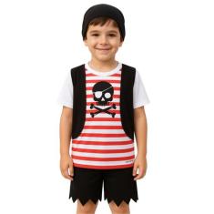 Conjunto Infantil Fantasia Pirata Camiseta com Colete Short e Bandana 