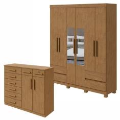 Conjunto de Guarda-Roupa 6 Portas 4 Gavetas Zeus com Espelho e com Pés e Cômoda Toronto Amêndoa Clean