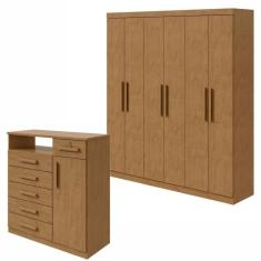 Conjunto de Guarda-Roupa 6 Portas Jazz e Cômoda Da Vinci Amêndoa Clean