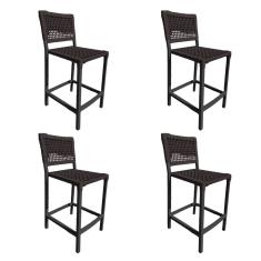 Kit 4 Banquetas França em Corda Náutica e Base em Alumínio Preta para Área Gourmet Marrom 