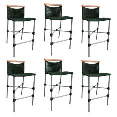 Kit 6 Banquetas Anne em Corda Náutica Base em Alumínio Cinza com Detalhe em Madeira Verde Musgo