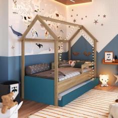 Cama Infantil Montessoriana com Cama Auxiliar Aveiro Oak/Azul Secreto 