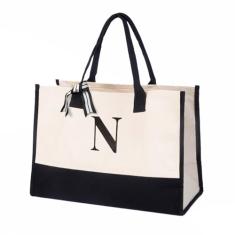 Salt Earth Bolsa feminina 100% algodão personalizada para uso diário, bolsa utilitária grande com monograma para praia, N, Monogrammed Tote, N