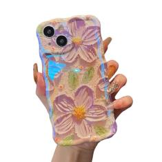 XIZYO Capa para iPhone 15, pintura a óleo retrô colorida flor fofa floral estética encaracolado moldura ondulada laser brilhante reflexiva requintada elegante capa protetora feminina meninas - flor