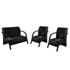 Conjunto Poltrona Decorativa Venus Braço Madeira kit 3 Peças Confortável Sala Suede