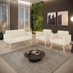 Kit 1 Sofá Namoradeira e 2 Poltronas Elisa Linho Pés Palito Natural D0