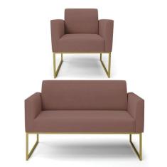 Sofá Namoradeira Com Poltrona Base Industrial Dourado Marisa Veludo D0