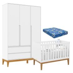 Berço Americano Unique e Guarda Roupa 3 Portas Nature Clean Branco Soft Eco Wood  e Colchão Ortobom - Matic