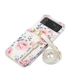 Capa transversal para celular para Samsung Galaxy Z Flip 4 3 5G Flip4 Flip3 Retrô Rose Slot para cartões Capa de couro com cordão, branca, para Galaxy Z Flip4 5G