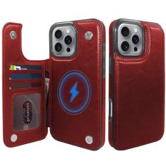 TopPerfekt Capa carteira para iPhone 16 Pro Max 6,9 polegadas, compatível com MagSafe, carregamento sem fio, suporte de cartão de couro resistente a quedas, capa protetora magnética para celular -