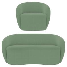 Sofá 3 Lugares Living 180cm E 1 Poltrona Giratória Garbin K04 Bouclê Verde - Mpozenato