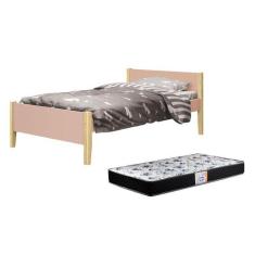 Cama Solteiro Simba Rosa Fosco com Pés Madeira Natural e Colchão D33 -