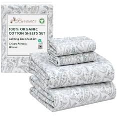 RUVANTI Lençóis 100% algodão orgânico California King, tecido percal, certificado GOTS, conjunto de 4 peças, bolso profundo 33 cm, fresco e respirável, roupa de cama macia e durável, Sábanas Algodón