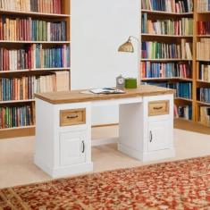 Escrivaninha de Madeira Maciça 2 Portas e 2 Gavetas Coleção England Branco/Natural