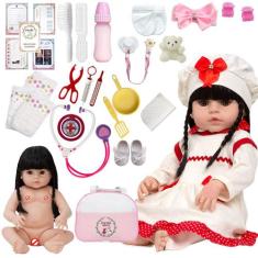 Boneca Tipo Reborn Corpo de Vinil Cabelo Longo Com Itens - Cegonha Reb