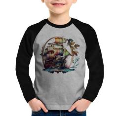 Camiseta Raglan Infantil Navio e Flores Manga Longa - Foca na Moda, Ci