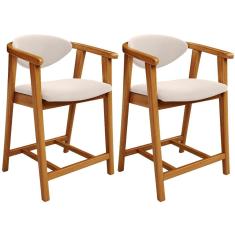 Kit 02 Banquetas Baixa Cecília L02 Assento Suede Base Madeira Encosto Fixo 60 cm Bege