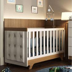 Berço Mini Cama com Capitône Retrô 100% MDF Móveis Peroba Branco/Carvalho/Sintético Branco