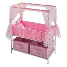 Berço de boneca Starlights com dossel, roupa de cama, luzes (rosa/branco/dourado)