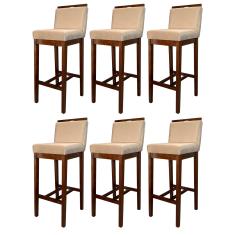 Kit 6 Banquetas Alta Estofada com Encosto Líbia Madeira Capuccino Suede Bege CCS