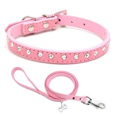 Conjunto de coleira e coleira para filhotes de cachorro com diamante de cristal colorido brilhante para meninas e gatos rosa P