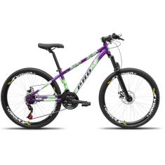 Bicicleta aro 26 Freeride PRO X Mandrake Hiten 21 Velocidades Freio a Disco Aros Vmaxx Roxo Adesivo Verde e Branco