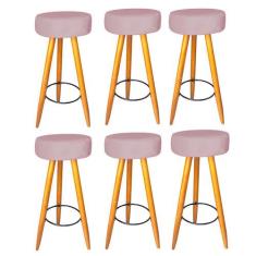 Kit 06 Banqueta Alta Flora Pés Palito em Madeira Caramelo  Bar Bistrô 
