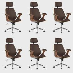 Kit 6 Cadeiras de Escritório Presidente Giratória com Apoia Cabeça Office Lisboa