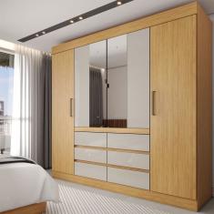 Guarda-Roupa Casal Marrom 4 Portas 6 Gavetas com Espelho Cinamomo/Off White - Panorama Móveis