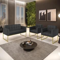 Kit 1 Sofá Namoradeira e 2 Poltronas Elisa material sintético Base Met