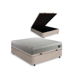 Cama Box Baú Casal + Colchão Strong D45 One Face Bege 138x188x66cm - Suporta até 150Kg Por Pessoa