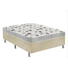 Cama Box Casal Suede Bege + Colchão Casal Suede Cinza Espuma 138x188x55