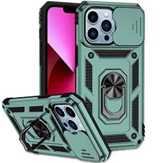 Ailampe Capa para iPhone 13 Pro com capa para câmera e suporte, proteção de lente deslizante + suporte de anel giratório de 360°, resistente a impactos, à prova de choque, amortecedor, capas para