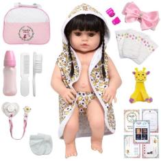 Boneca Reborn Girafa Morena Saída de Banho Pelúcia 21 Itens - Cegonha 