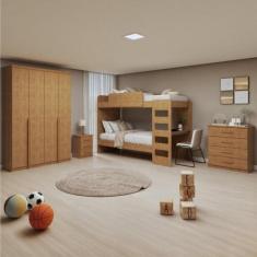 Quarto Infantil com Beliche Olga Cômoda e Criado Baião e Guarda-Roupa 