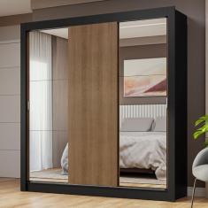 Guarda-roupa Casal 3 Portas de Correr com Espelhos Preto/rustic Nobre Madesa