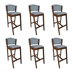 Kit 6 Banquetas Alta De Madeira Maciça Mel Premium Ana Com Encosto Linho Cinza - Cor: Cinza