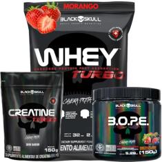 Whey Protein Concentrado + Creatina Monohidratada 150g + Pré-Treino B.O.P.E 150g - Kit Black Skull Para Ganho de Massa e Força (Whey Turbo Morango - B.O.P.E Frutas Vermelhas)