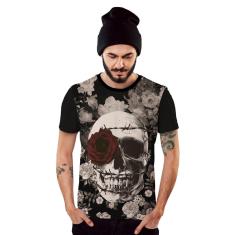 Camiseta Caveira Floral com Coroa de Espinhos e Rosa Vermelha-Masculino
