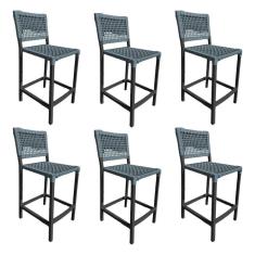 Kit 6 Banquetas França Em Corda Náutica E Base Em Alumínio Preta Para área Gourmet Cinza Cinza