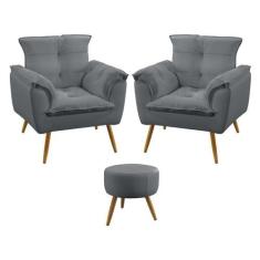 Kit 2 Poltronas Decorativas Opala e Puff Solar Suede Cinza Aradecor